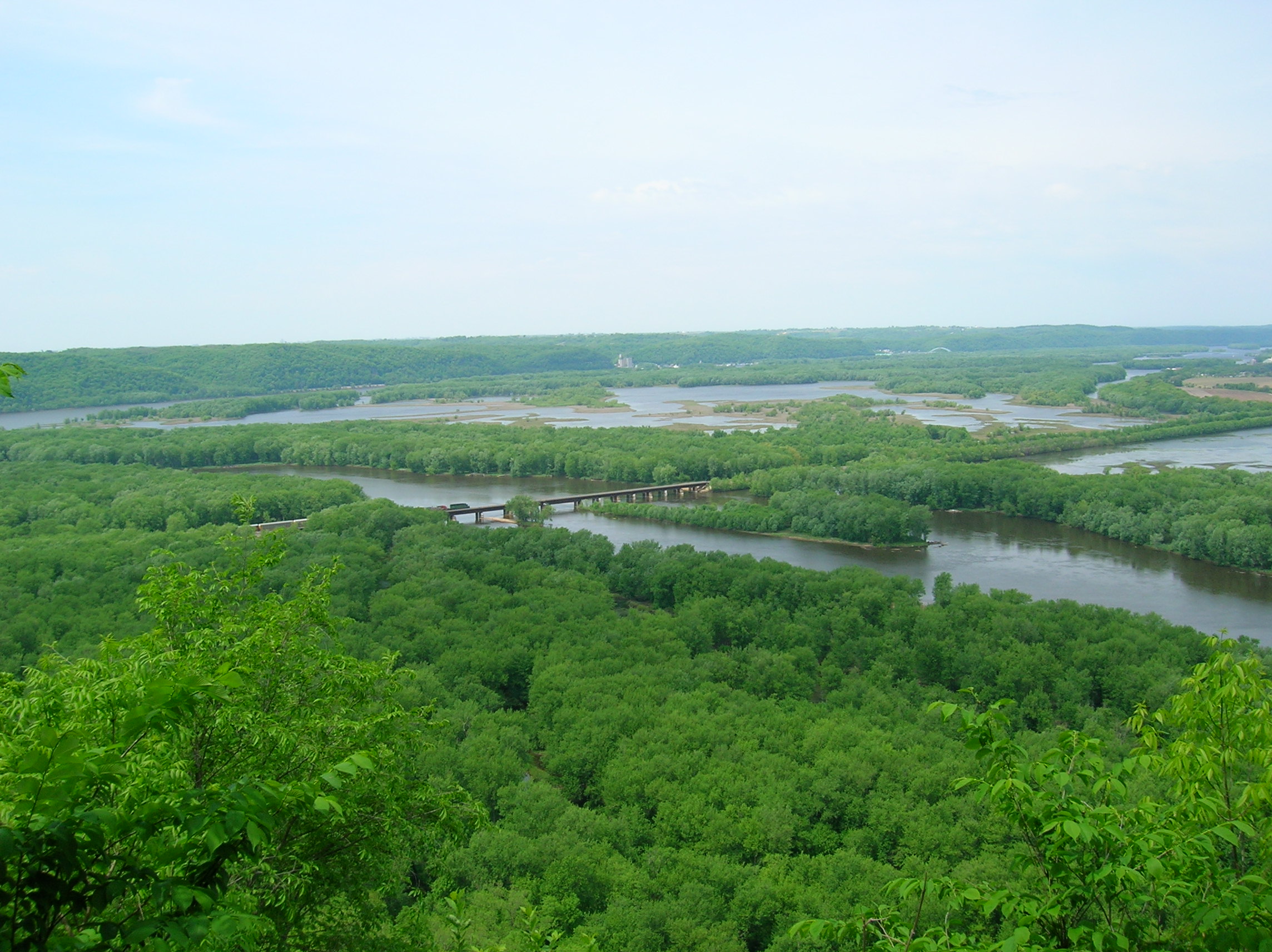 The Wisconsin River flowing into the Mississippi River below the bluffs at Wyalusing State Park, with Iowa across the water